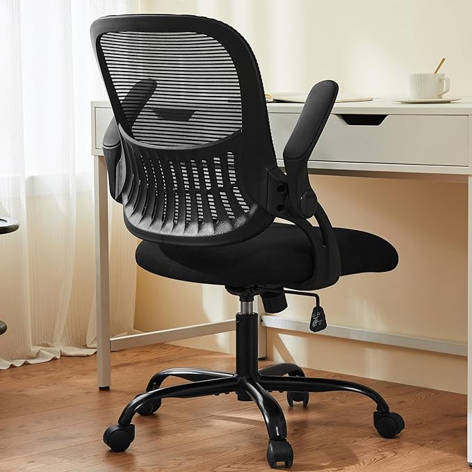 Sweetcrispy Office Computer Desk Chair, Ergonomic Mid-Back Mesh Rolling Work Swivel Task Chairs with Wheels, Comfortable Lumbar Support, Comfy Flip-up Arms for Home, Bedroom, Study, Student, Black - LeafyLoom
