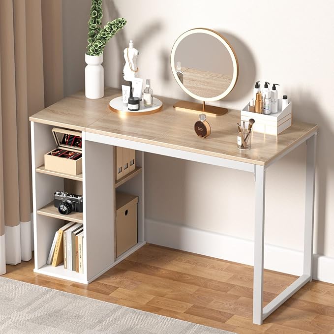 Coavas Computer Desk with Storage, Home Office Desk with Adjustable Shelves, Simple Style Writing Study Desk with Metal Frame, Modern Design PC Laptop Desk, 47 inch, Oak - LeafyLoom