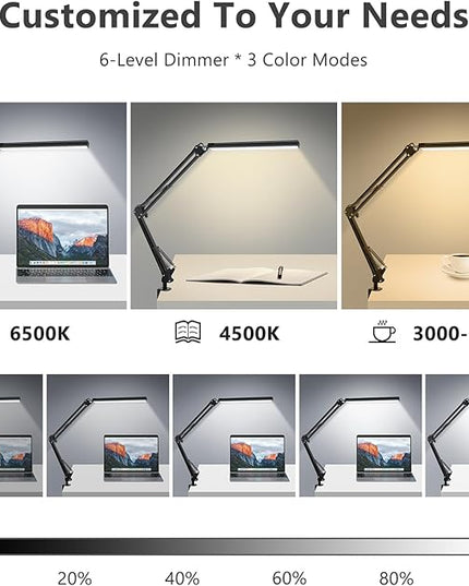 ODOM Swing Arm Led Desk Lamp with Clamp, 3 Color Modes 6 Brightness & Stepless Dimming Eye-Caring, 360 Degree Flexible Desk Lamps for Home Office, with 12V AC/DC Adapter - LeafyLoom