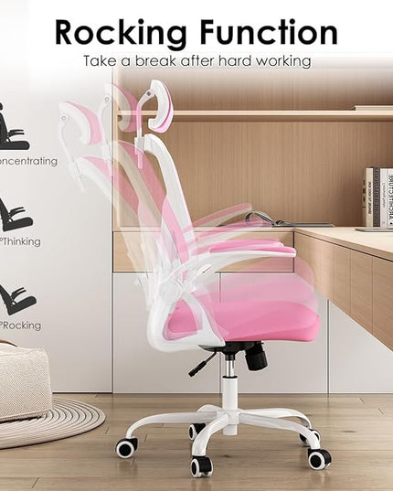 Farini Ergonomic Office Chair, Home Office Desk Chair with Headrest, High Back Computer Chair with Flip-up Armrests and Adjustable Lumbar Support for Home Office Study Room Bedroom, Pink. - LeafyLoom