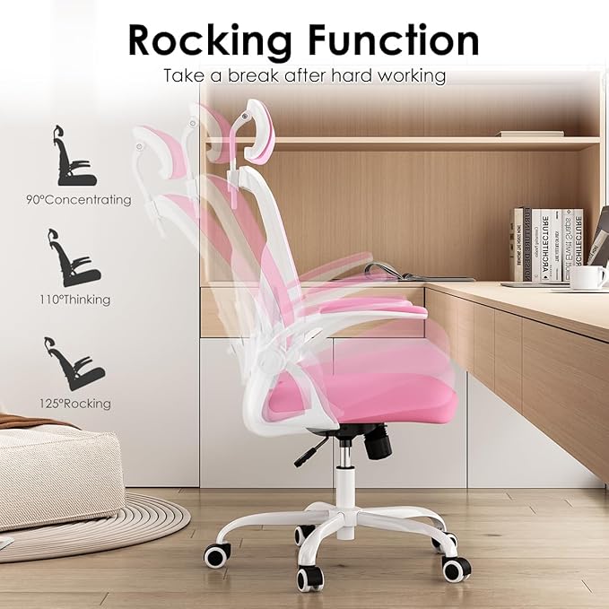 Farini Ergonomic Office Chair, Home Office Desk Chair with Headrest, High Back Computer Chair with Flip-up Armrests and Adjustable Lumbar Support for Home Office Study Room Bedroom, Pink. - LeafyLoom