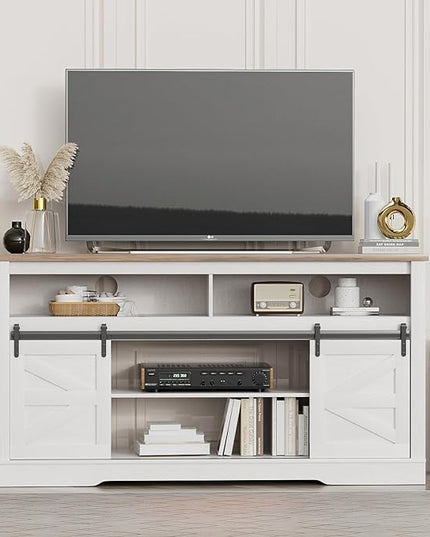 YESHOMY Fireplace TV Stand for Television up to 65+ Inch with Storage and Farmhouse Sliding Barn Doors, Entertainment Center with Cabinet and Shelves, Media Console for Living Room, White - LeafyLoom