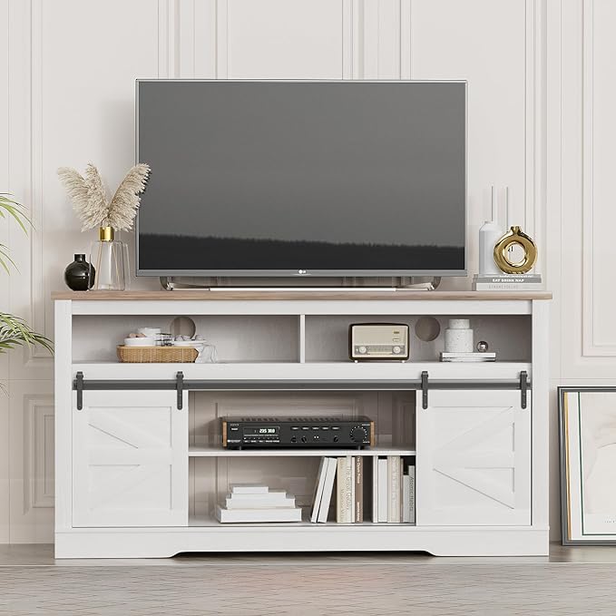 YESHOMY Fireplace TV Stand for Television up to 65+ Inch with Storage and Farmhouse Sliding Barn Doors, Entertainment Center with Cabinet and Shelves, Media Console for Living Room, White - LeafyLoom