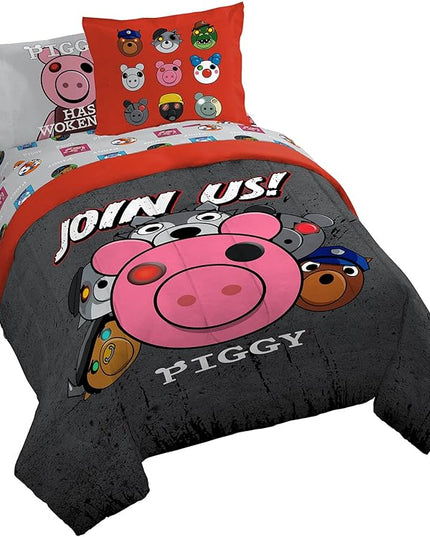Jay Franco Piggy Join US 7 Piece Queen Size Bed Set - includes Comforter & Sheet Set - Super Soft Fade Resistant Polyester (Official Piggy Product) - LeafyLoom