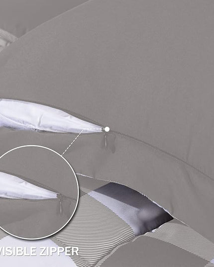 downluxe Lightweight Plaid Comforter Set (Twin) with 1 Pillow Sham - 2-Piece Set - Grey/White Plaid - Down Alternative Reversible Comforter - LeafyLoom