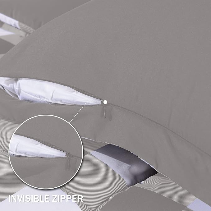 downluxe Lightweight Plaid Comforter Set (Twin) with 1 Pillow Sham - 2-Piece Set - Grey/White Plaid - Down Alternative Reversible Comforter - LeafyLoom