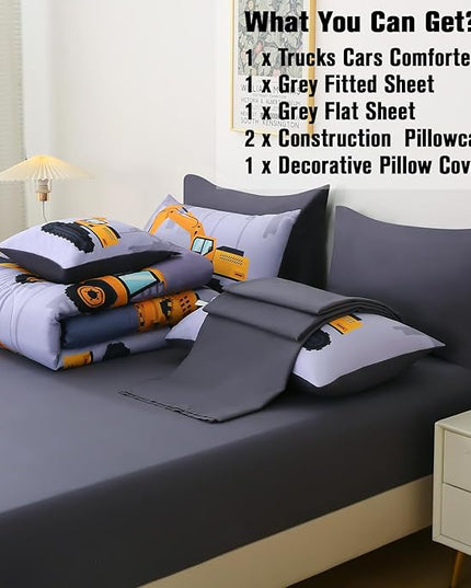 JQinHome Construction Twin Bedding Sets for Boys Kids,6 Piece Bed in A Bag 3D Cartoon Car Excavator Tractor Comforter Set with Sheet Set,Trucks Cars - LeafyLoom
