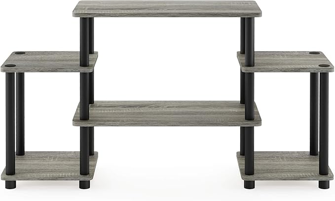Furinno Turn-N-Tube No Tools Entertainment Center, Round Square Corner, French Oak Grey/Black - LeafyLoom