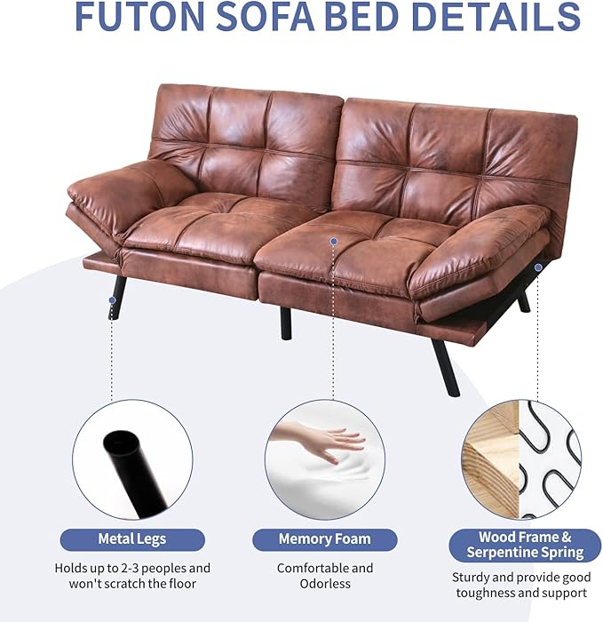 MUUEGM Futon Sofa Bed,Convertible Adjustable Backrest Armrests Memory Foam Couch Bed, Modern Faux Leather Futon Sleeper Couch Loveseat for Living Room,office,Apartment,Small Space,Brown - LeafyLoom