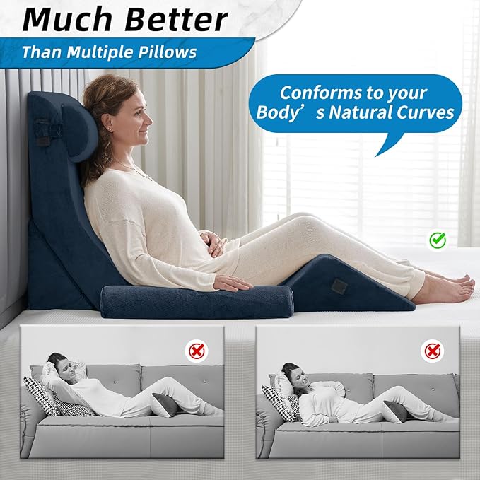 Axelrod 6PCS Orthopedic Bed Wedge Pillow Set, Post Surgery Foam for Back, Neck & Leg Pain Relief Comfortable & Adjustable Ortho Pillows- Anti Snoring, Heartburn, Acid Reflux & GERD Sleeping Indigo - LeafyLoom