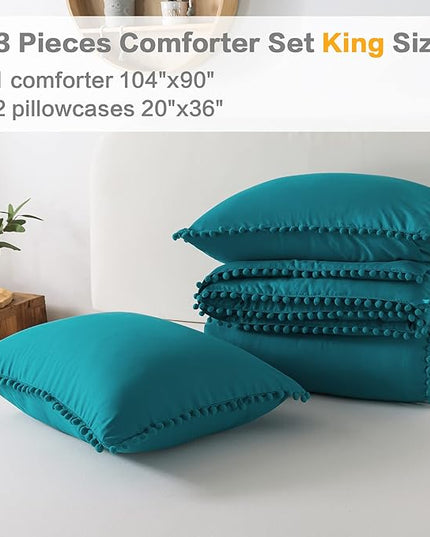 Litanika King Size Comforter Set Turquoise,3 Pieces Turquoise Boho Pom Pom Lightweight Bed Comforter, All Season Soft Solid Color Bedding Comforter Sets (1 Comforter 104x90 Inch, 2 Pillowcases) - LeafyLoom