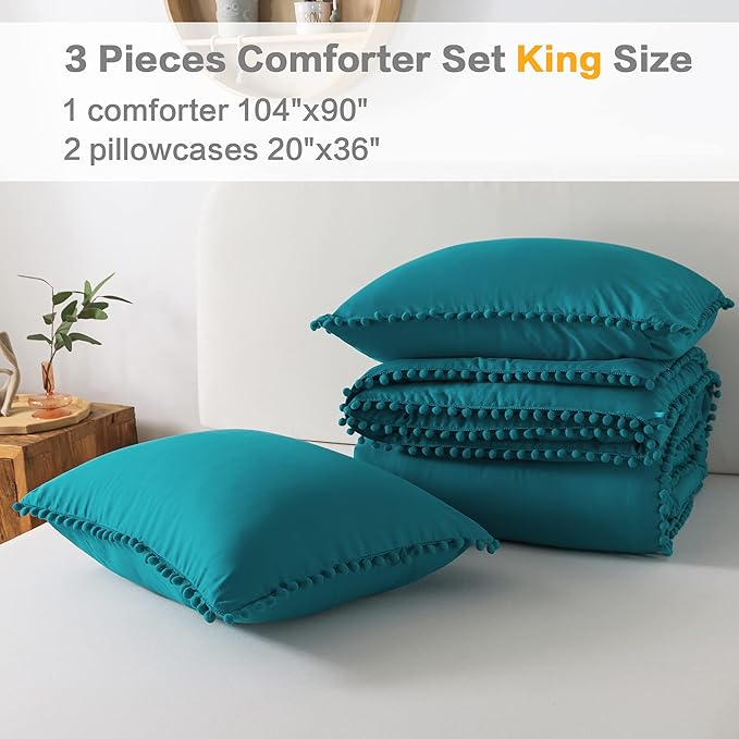 Litanika King Size Comforter Set Turquoise,3 Pieces Turquoise Boho Pom Pom Lightweight Bed Comforter, All Season Soft Solid Color Bedding Comforter Sets (1 Comforter 104x90 Inch, 2 Pillowcases) - LeafyLoom