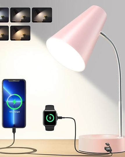 RUNTOP Pink Desk Lamp, Desk Lamps for Home Office, Desk Light for Kids, Desktop/Computer Study Lamps, Bedrooms Adjustable Gooseneck Reading Lamp with USB Port, 5 Brightness Levels, 5 Color Temperature - LeafyLoom