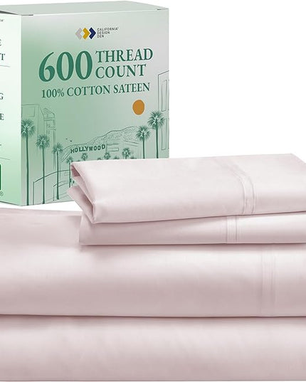 CALIFORNIA DESIGN DEN 5-Star Hotel Quality Twin Bed Sheets Cotton for Kids & Adults, 100% Cotton Sheet Set - 600 Thread Count Sateen with Deep Pocket (Blush Pink) - LeafyLoom