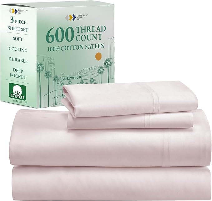 CALIFORNIA DESIGN DEN 5-Star Hotel Quality Twin Bed Sheets Cotton for Kids & Adults, 100% Cotton Sheet Set - 600 Thread Count Sateen with Deep Pocket (Blush Pink) - LeafyLoom