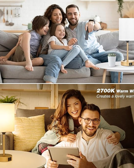 Dicoool Small Bedside Lamps 3 Color Modes - 2700K 3500K 5000K Bedroom Lamps with USB C and A Ports, Pull Chain Gold Table Lamps with AC Outlet, Nightstand Lamps with Gold Metal Base for Kids Reading - LeafyLoom
