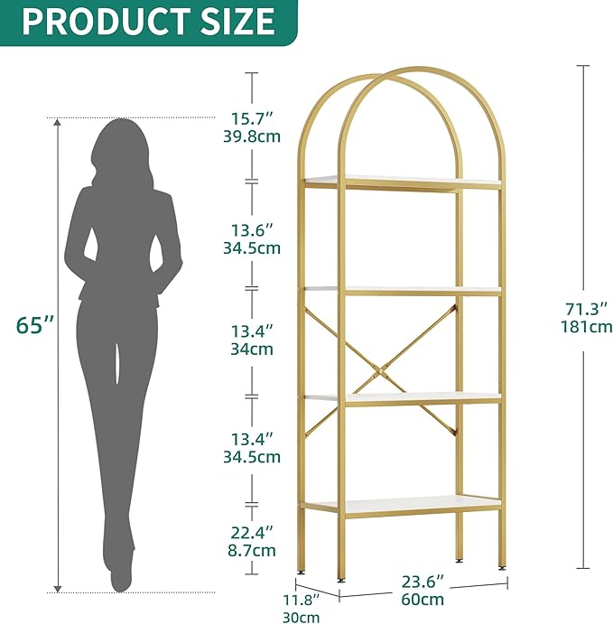 YITAHOME Gold Bookshelf and Bookcase, 71.3” Tall Modern Open Arched Book Shelf, 4-Tier Freestanding Storage Display Rack Shelves for Bedroom,Living Room,Office,Kitchen, White&Gold - LeafyLoom