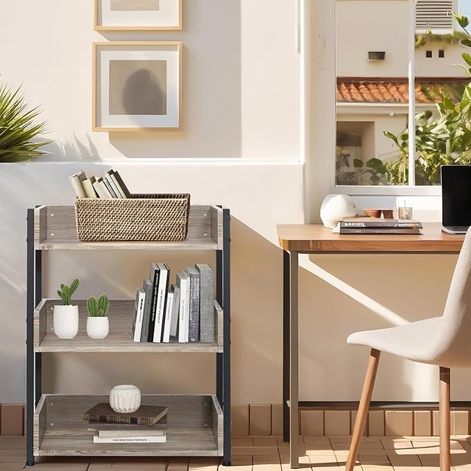 VECELO Bookshelf,Small Bookcase,3-Tier Storage Organizer,Industrial Shelving Unit for Home Office,Living Room,Dormitory,30" H,Brown - LeafyLoom