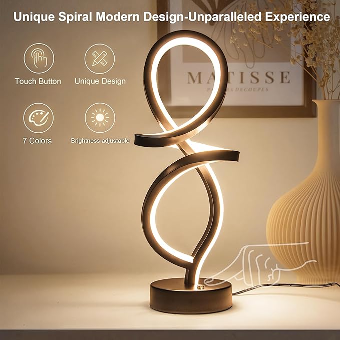 Modern Table Lamp, LED Spiral Lamp, RGB Table Lamp, Black Bedside Lamp with 7 Colors 10 Light Modes, Touch Dimmable Nightstand Lamp for Bedroom Living Room Home Office, 15W - LeafyLoom