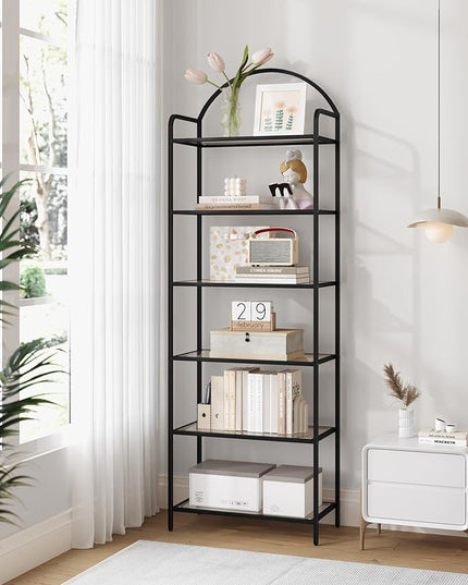 Bookcase Bookshelf, Tempered Glass Bookshelves, Slim Shelving Unit for Bedroom, Bathroom, Home Office, Steel Frame, 6 Tier Black BC21699B - LeafyLoom