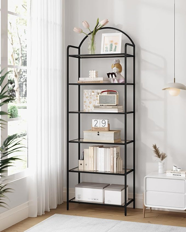 Bookcase Bookshelf, Tempered Glass Bookshelves, Slim Shelving Unit for Bedroom, Bathroom, Home Office, Steel Frame, 6 Tier Black BC21699B - LeafyLoom