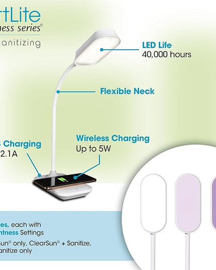 OttLite Achieve LED Sanitizing Desk Lamp Wireless Charging and USB Charging - Touch Activated, Flexible Neck, Modern Light for Reading, Crafting & Office Desktop - LeafyLoom