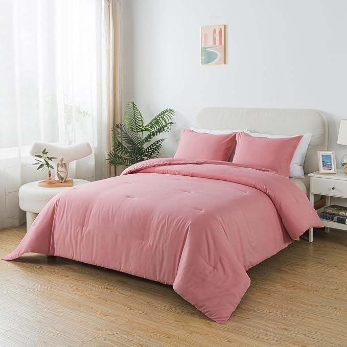 Pink Comforter Set King Size, Blush Women Girls Pink Skin-Friendly Boho Bedding Comforter Set, Breathable Fluffy Microfiber 3 PCS (104"x90") Comforter Set for All Seasons - LeafyLoom