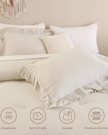Andency Beige Comforter Set Full Size, 3 Pieces Solid Ruffle Vintage Rustic Soft Bedding Comforter Sets, All Season Lightweight Fluffy Soft Microfiber Bedding Set (79x90 Comforter & 2 Pillowcases) - LeafyLoom