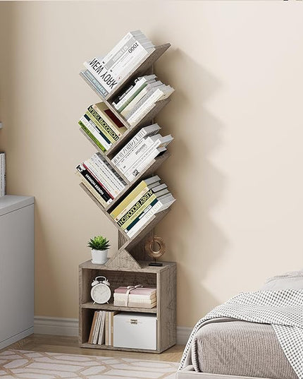 Vagusicc 6 Tier Tree Bookshelf, Modern Floor Standing Bookcase with Storage Drawer, Space Saving Storage Organizer Book Shelves for Books, Tall Wood Storage Rack for Bedroom/Living Room/Home Office - LeafyLoom