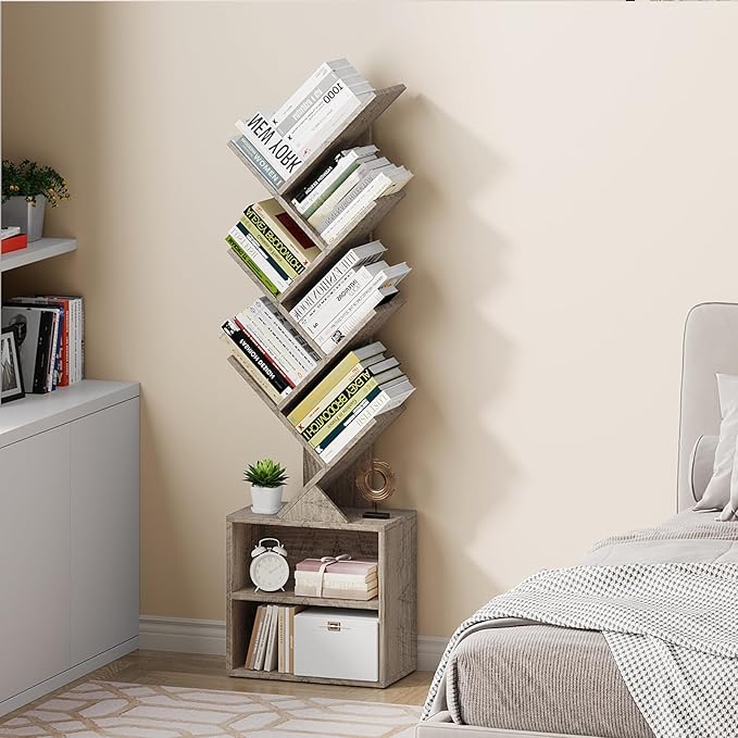 Vagusicc 6 Tier Tree Bookshelf, Modern Floor Standing Bookcase with Storage Drawer, Space Saving Storage Organizer Book Shelves for Books, Tall Wood Storage Rack for Bedroom/Living Room/Home Office - LeafyLoom