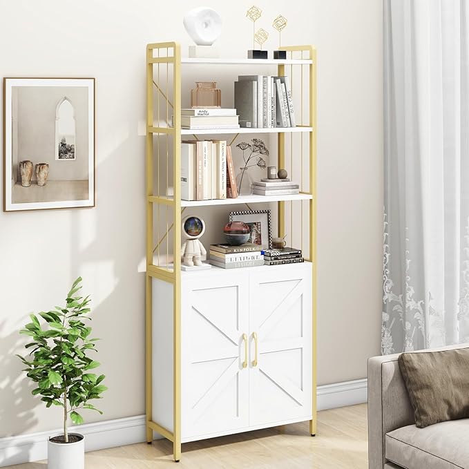 Bookshelf and Bookcases with Doors White 6 Shelf Display Storage Shelves Tall Bookshelf Versatile Storage Cabinet Home Decor Furniture Organizer for Home Office, Study, Living Room - LeafyLoom