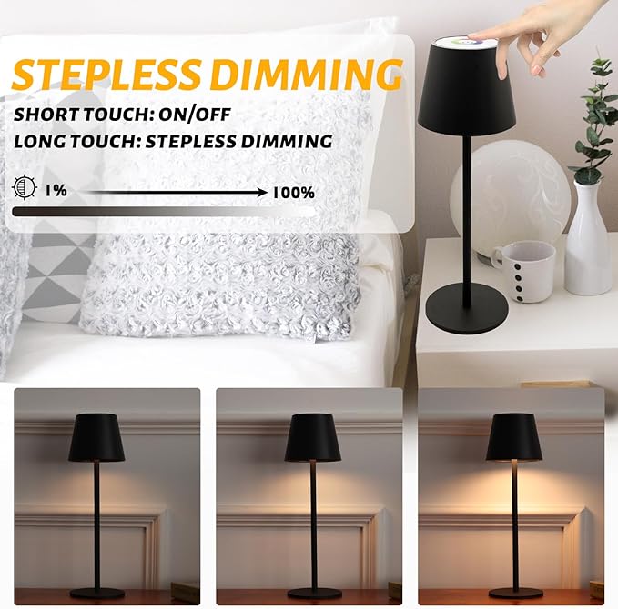 Maksone 2 Pack LED Cordless Table Lamp, 6600mWh Rechargeable Battery Desk Lamp, 3000K Stepless Dimming Night Light, IP54 Waterproof Metal Outdoor Portable Lamp for Restaurant, Patio (Black) - LeafyLoom