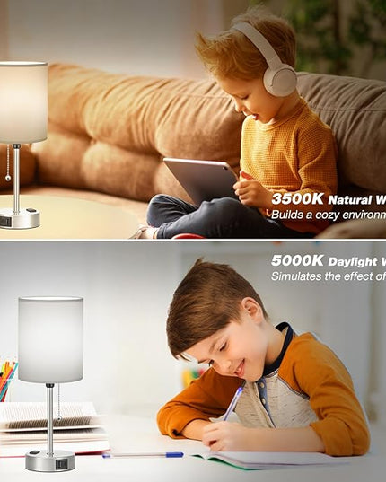 Dicoool Grey Bedroom Lamp for Nightstand - 3 Color Temperature Table Lamp with USB C and A Ports, Pull Chain Bedside Lamp with AC Outlet, Desk Lamp with Silver Metal Base for Kids Girls - LeafyLoom