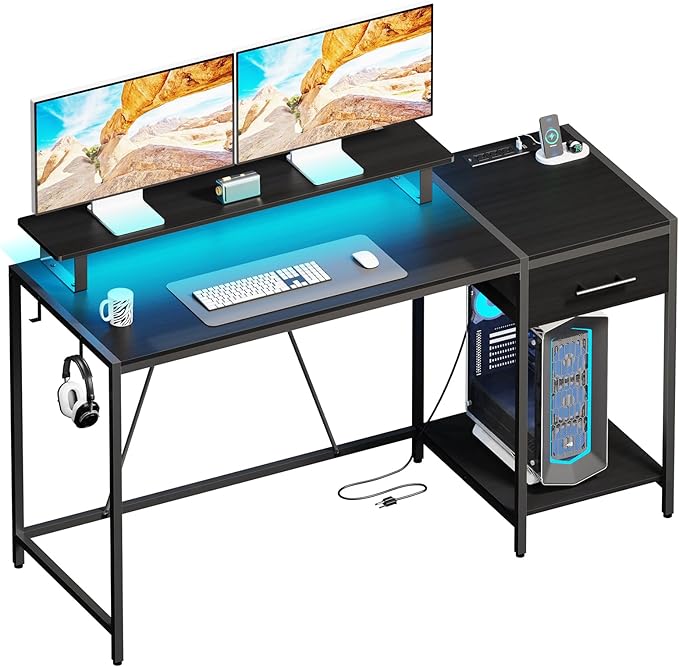 Gaming Desk with Led Light & Power Outlets, 55" Computer Desk with Wooden Drawers and Monitor Stand, Office Desk with Shelves and 2 Headphone Hooks, Work Desk for Home Office,Black - LeafyLoom
