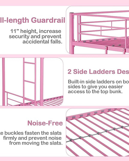 VECELO Twin Over Twin Bunk Bed with Trundle, Metal Bunkbeds with Ladder and Full-Length Guardrail, Noise Free, No Box Spring Needed, Pink - LeafyLoom