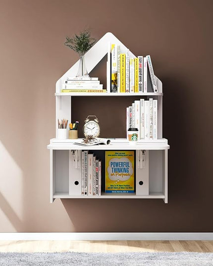 Wall Mounted Drop-Leaf Table, Floating Laptop Desk, Folding Table with Shelves, Multifunctional Computer Workstation Storage Compartments in Home Office for Space Saving (White) - LeafyLoom