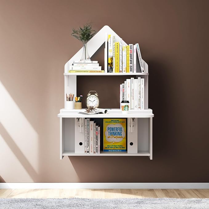 Wall Mounted Drop-Leaf Table, Floating Laptop Desk, Folding Table with Shelves, Multifunctional Computer Workstation Storage Compartments in Home Office for Space Saving (White) - LeafyLoom