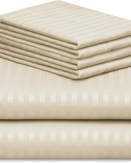 LuxClub 6 PC Full Size Sheet Set Bed Sheets, Breathable Luxury Bed Sheets, Deep Pockets 18" Wrinkle Free Cooling Bed Sheets Machine Washable Hotel Bedding (Full, Striped Cream) - LeafyLoom