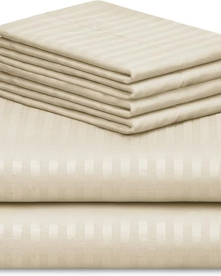 LuxClub 6 PC Queen Size Sheet Set Bed Sheets, Breathable Luxury Bed Sheets, Deep Pockets 18" Wrinkle Free Cooling Bed Sheets Machine Washable Hotel Bedding (Queen, Striped Cream) - LeafyLoom