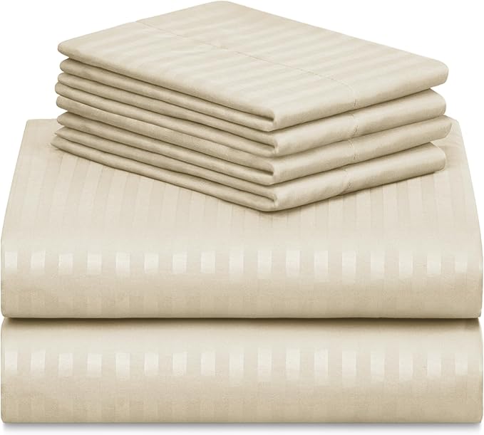 LuxClub 6 PC Queen Size Sheet Set Bed Sheets, Breathable Luxury Bed Sheets, Deep Pockets 18" Wrinkle Free Cooling Bed Sheets Machine Washable Hotel Bedding (Queen, Striped Cream) - LeafyLoom