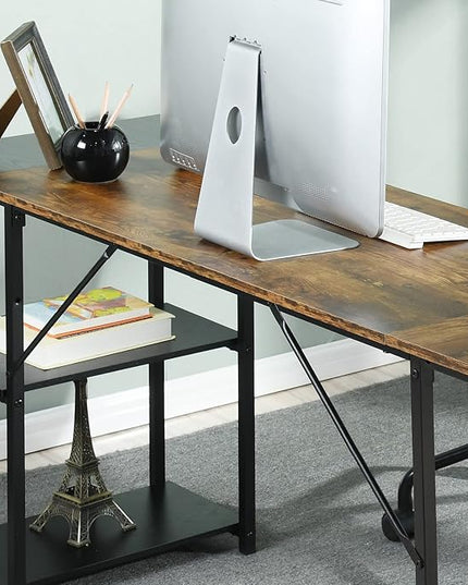 FurnitureR L-Shaped 58.3''Corner Computer Desk with Storage Shelf Long Gaming Desk for Home Office PC Workstation Saving Space Laptop Table (Brown and Black) - LeafyLoom