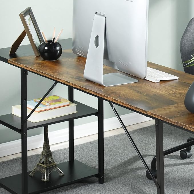FurnitureR L-Shaped 58.3''Corner Computer Desk with Storage Shelf Long Gaming Desk for Home Office PC Workstation Saving Space Laptop Table (Brown and Black) - LeafyLoom