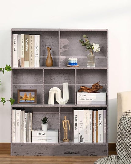 LEYAOYAO 7 Cube Bookshelf with Base,3 Tier Mid-Century Modern Grey Bookcase,Standing Wide Bookshelves Storage Organizer Shelf,Rustic Wood Display Cabinet Book Shelves for Bedroom,Living Room,Office - LeafyLoom