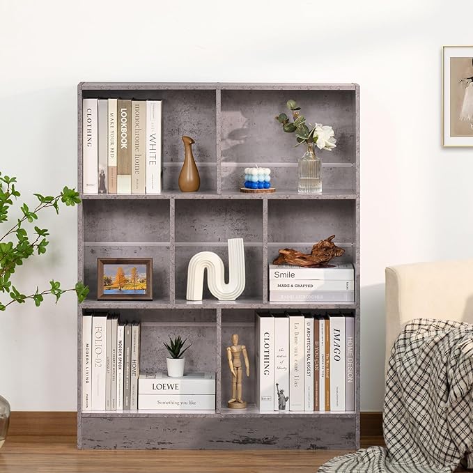 LEYAOYAO 7 Cube Bookshelf with Base,3 Tier Mid-Century Modern Grey Bookcase,Standing Wide Bookshelves Storage Organizer Shelf,Rustic Wood Display Cabinet Book Shelves for Bedroom,Living Room,Office - LeafyLoom