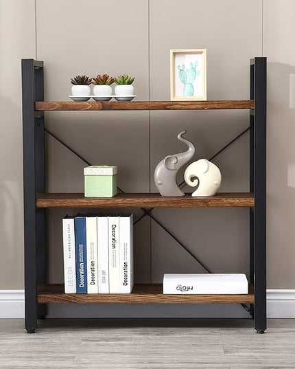 3 Tier Bookcase, Solid Wood Bookshelf Rustic Vintage Industrial Etagere Bookcase, Metal and Wood Free Vintage Bookshelf, Retro Brown (Real Wood) (3-Tier) - LeafyLoom