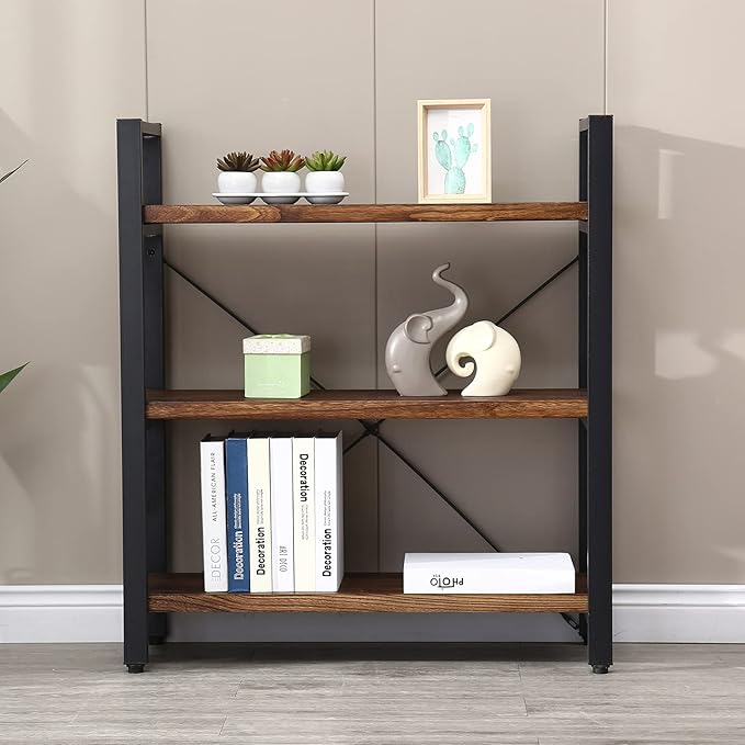 3 Tier Bookcase, Solid Wood Bookshelf Rustic Vintage Industrial Etagere Bookcase, Metal and Wood Free Vintage Bookshelf, Retro Brown (Real Wood) (3-Tier) - LeafyLoom