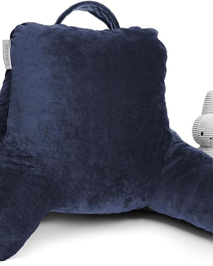 Clara Clark Reading Pillow for Kids, Small Back Pillow for Sitting Up in Bed, Memory Foam Back Support Pillow, Reading Pillows for Sitting in Bed, Navy Blue Gaming Pillow with Arms and Pockets - LeafyLoom