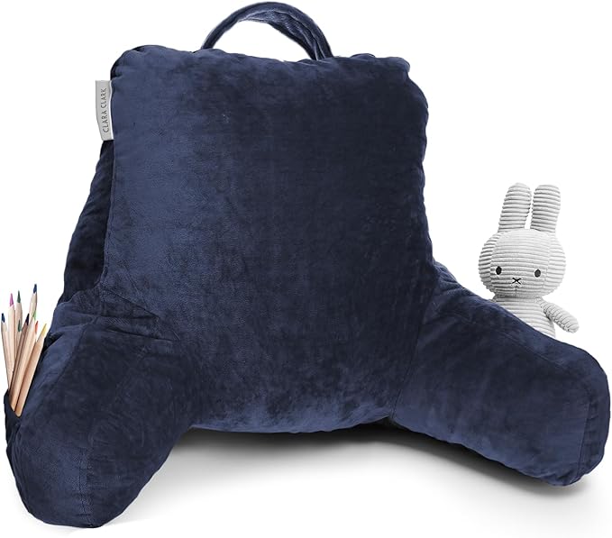 Clara Clark Reading Pillow for Kids, Small Back Pillow for Sitting Up in Bed, Memory Foam Back Support Pillow, Reading Pillows for Sitting in Bed, Navy Blue Gaming Pillow with Arms and Pockets - LeafyLoom