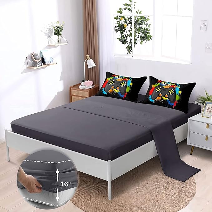 Kids Gaming Bedding Sets, 6 Piece Gamer Comforter Sets for Teens Boys Full Size for Bedroom Comforter Set Adult 3D Gamepad Microfiber Bedding Sets Fits All Season Bedding Comforter Sets - LeafyLoom
