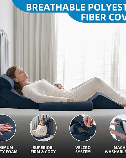 Axelrod 6PCS Orthopedic Bed Wedge Pillow Set, Post Surgery Foam for Back, Neck & Leg Pain Relief Comfortable & Adjustable Ortho Pillows- Anti Snoring, Heartburn, Acid Reflux & GERD Sleeping Indigo - LeafyLoom